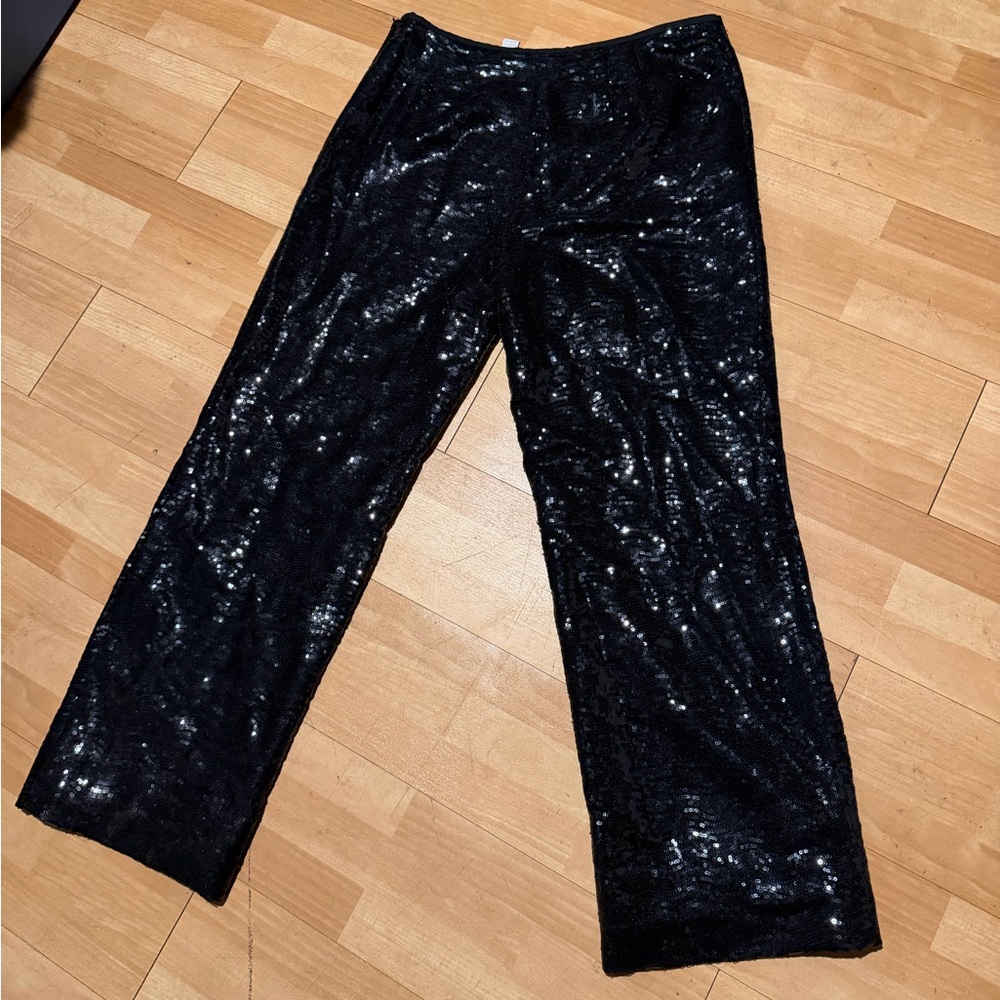 Chico's Black Sequin Wide Leg Pants sparkly evening Sz 1 embellished - Picture 5 of 7